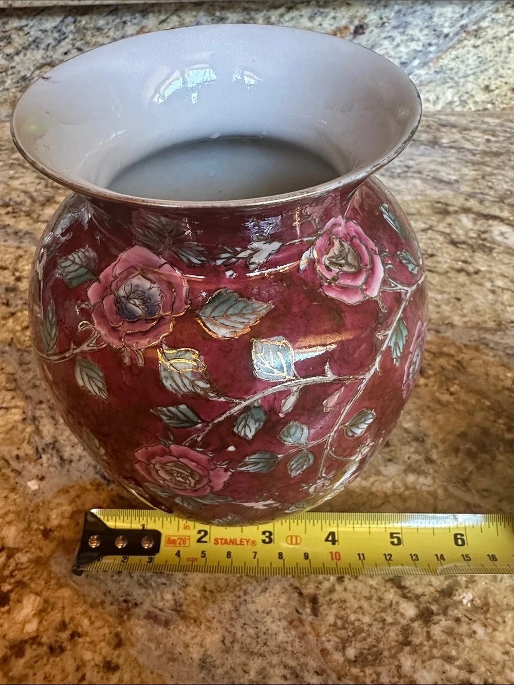 Hand-Painted Floral Ceramic Vase in Burgundy with Pink Roses